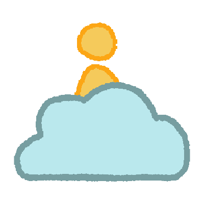 a simple drawing of a light blue cloud, with a yellow figure sitting behind and above it.